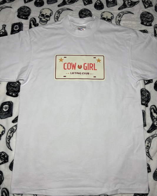 Cowgirl Lifting Club Licence Plate Tee Pink
