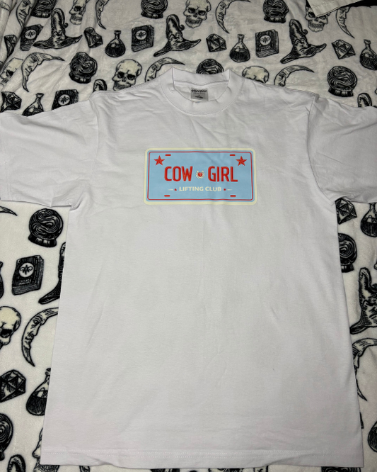 Cowgirl Lifting Club Licence Plate Tee Blue & Red